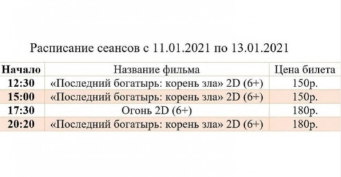 Расписание киносеансов с 11 по 13 января