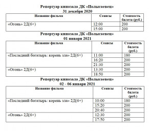 Расписание киносеансов с 31 декабря 2020 года по 06 января 2021 года