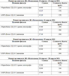 Расписание киносеансов с 22 по 28 апреля
